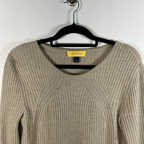 St. John Metallic Rib knit‎ sweater Women’s Size Large Wool Cashmere Tan Luxury - Picture 2 of 9